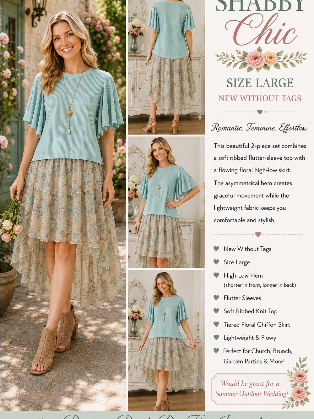 Shabby Chic Mint Green Two-Piece Flutter Sleeve Skirt Set
